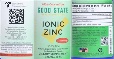 Photo of the Good State Ionic Zinc 30,000 PPM label