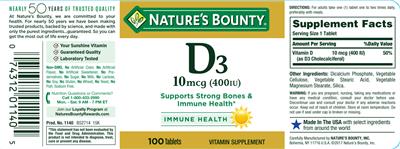 Photo of the Nature's Bounty D3 10 mcg (400 IU) label