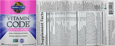 Photo of the Garden of Life Vitamin Code 50 & Wiser Women label