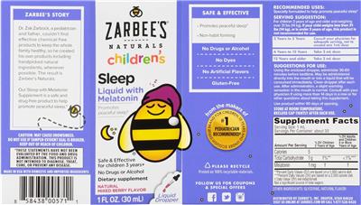 Photo of the Zarbee's Naturals Children's Sleep Liquid with Melatonin Natural Mixed Berry Flavor label