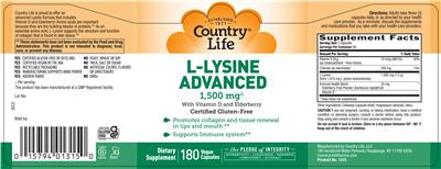 Photo of the Country Life L-Lysine Advanced 1,500 mg label
