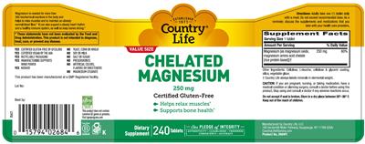 Photo of the Country Life Chelated Magnesium 250 mg label