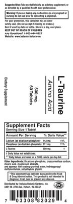 Photo of the Indiana Botanic Gardens L-Taurine 500 mg label