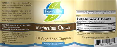 Photo of the Priority One Nutritional Supplements Magnesium Orotate label