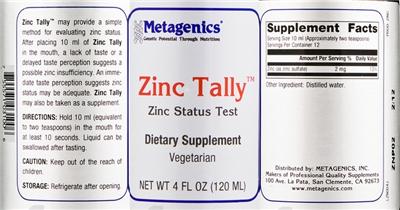 Photo of the Metagenics Zinc Tally label