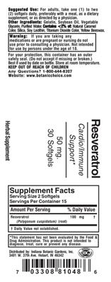 Photo of the Indiana Botanic Gardens Resveratrol 50 mg label