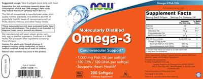 Photo of the NOW Molecularly Distilled Omega-3 label