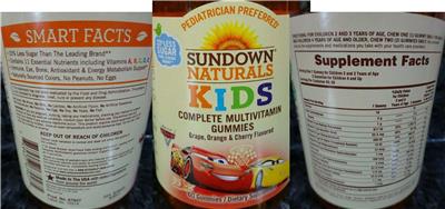 Photo of the Sundown Naturals Kids Complete Multivitamin Gummies Cars label