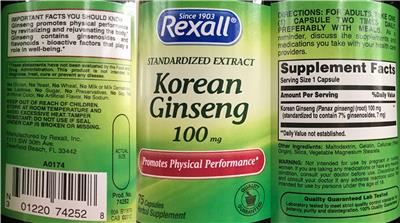 Photo of the Rexall Korean Ginseng 100 mg label