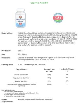 Photo of the KAL Caprylic Acid 500 mg label