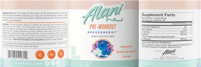 Photo of the Alani NU Pre-Workout Breezeberry label