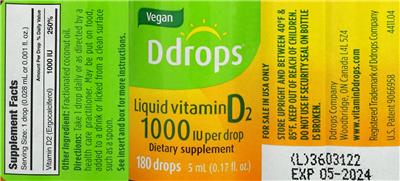 Photo of the Ddrops Liquid Vitamin D2 1000 IU label