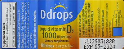 Photo of the Ddrops Liquid Vitamin D3 1000 IU label