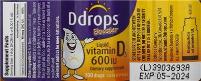 Photo of the Ddrops Liquid Vitamin D3 600 IU label