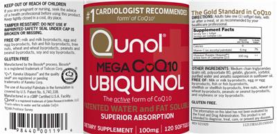 Photo of the Qunol Mega CoQ10 Ubiquinol 100 mg label