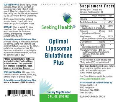Photo of the Seeking Health Optimal Liposomal Glutathione Plus label