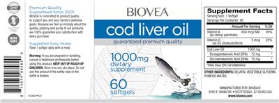 Photo of the BIOVEA Cod Liver Oil 1000 mg label