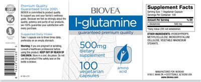 Photo of the BIOVEA L-Glutamine 500 mg label