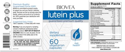 Photo of the BIOVEA Lutein Plus label