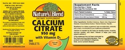 Photo of the Nature's Blend Calcium Citrate 950 mg with Vitamin D3 label