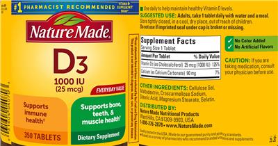 Photo of the Nature Made D3 1000 IU (25 mcg) label