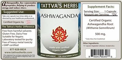 Product label for Ashwaganda