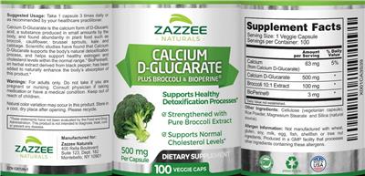Photo of the Zazzee Naturals Calcium D-Glucarate 500 mg label