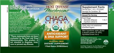 Photo of the Host Defense Mushrooms Chaga Extract label