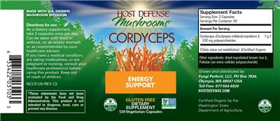 Photo of the Host Defense Mushrooms Cordyceps label