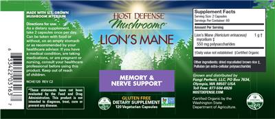 Photo of the Host Defense Mushrooms Lion's Mane label