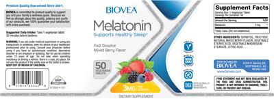 Photo of the BIOVEA Melatonin 3 mg Mixed Berry Flavor label