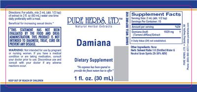 Photo of the Pure Herbs Damiana label