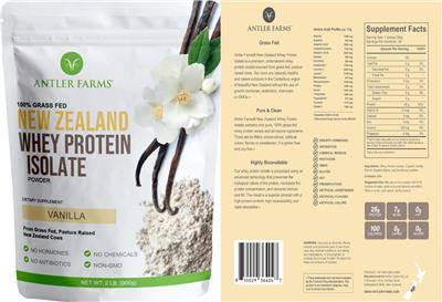 Photo of the Antler Farms New Zealand Whey Protein Isolate Vanilla label