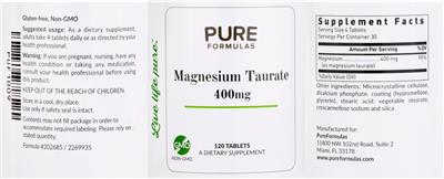 Photo of the PureFormulas Magnesium Taurate 400 mg label