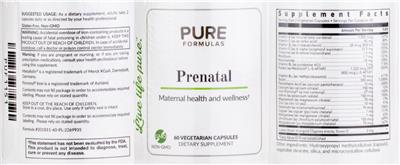 Photo of the PureFormulas Prenatal label