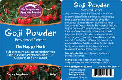 Photo of the Ron Teeguarden's Dragon Herbs Goji Powder Powdered Extract label