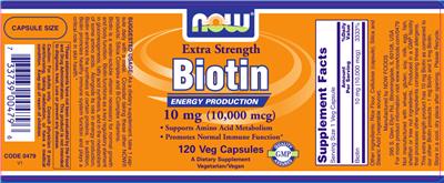 Photo of the NOW Extra Strength Biotin 10 mg (10,000 mcg) label