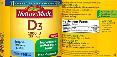 Photo of the Nature Made D3 1000 IU (25 mcg) label