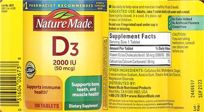 Photo of the Nature Made D3 2000 IU (50 mcg) label