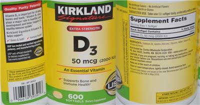 Photo of the Kirkland Signature D3 50 mcg (2000 IU) label