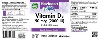 Photo of the Bluebonnet Vitamin D3 50 mcg (2000 IU) label