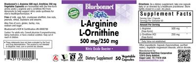 Photo of the Bluebonnet L-Arginine 500 mg L-Ornithine 250 mg label