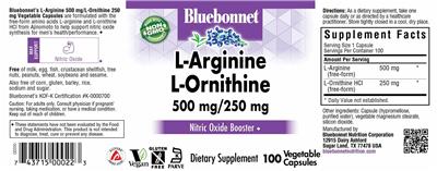 Photo of the Bluebonnet L-Arginine 500 mg L-Ornithine 250 mg label