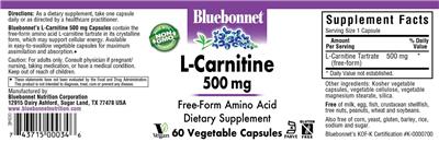 Photo of the Bluebonnet L-Carnitine 500 mg label