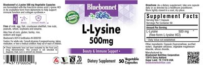 Photo of the Bluebonnet L-Lysine 500 mg label