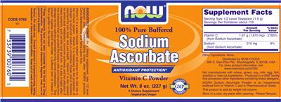 Photo of the NOW 100% Pure Buffered Sodium Ascorbate label
