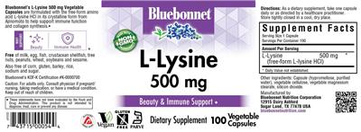 Photo of the Bluebonnet L-Lysine 500 mg label