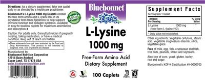 Photo of the Bluebonnet L-Lysine 1000 mg label