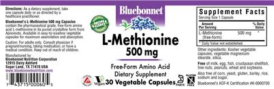 Photo of the Bluebonnet L-Methionine 500 mg label