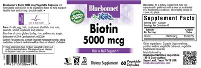Photo of the Bluebonnet Biotin 5000 mcg label
